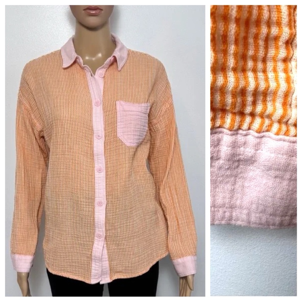 NOBO Gauzy 100% Cotton Orange & Pink Button-down Shirt Size S